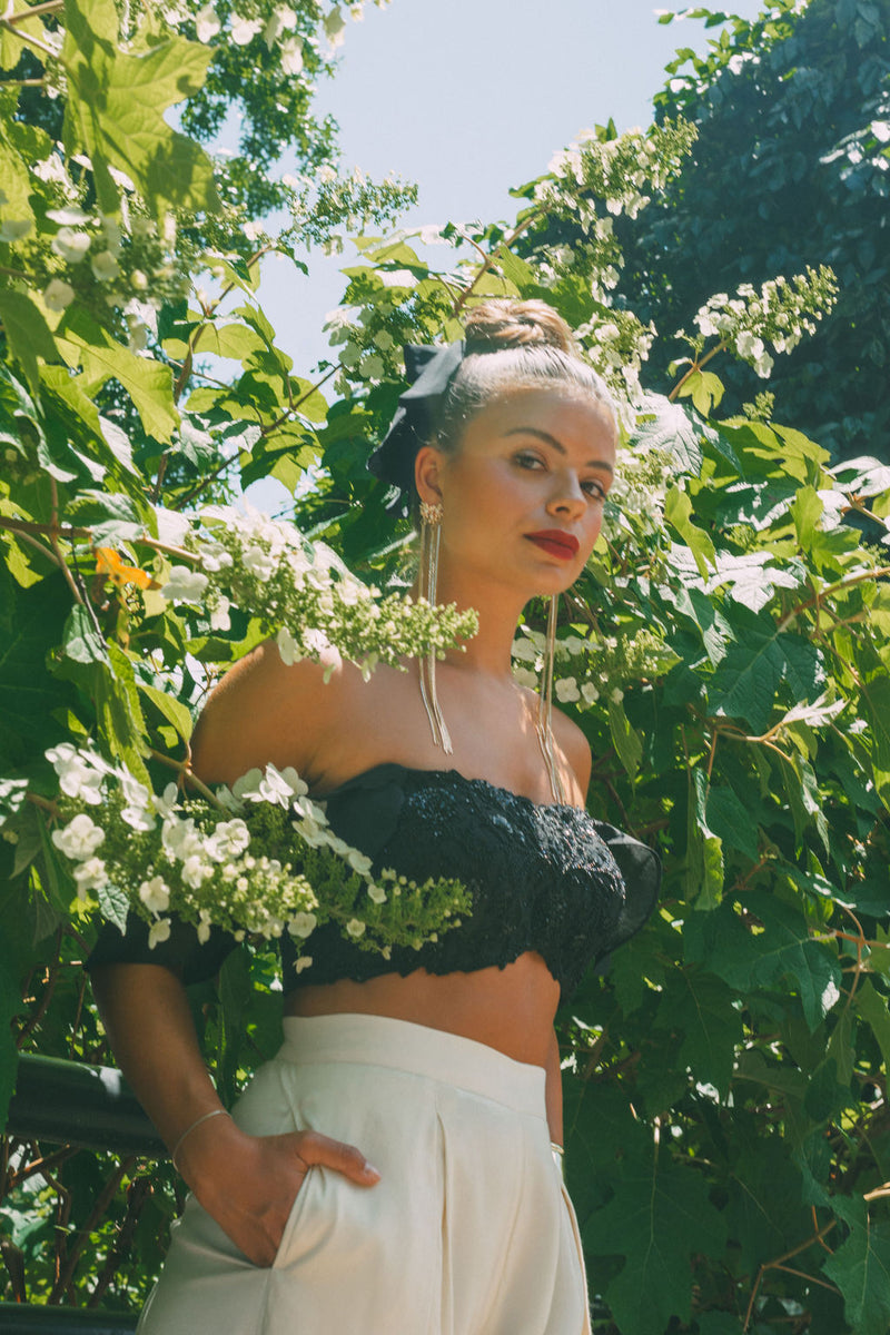 Butterfly Sleeve Black Beaded Crop Top