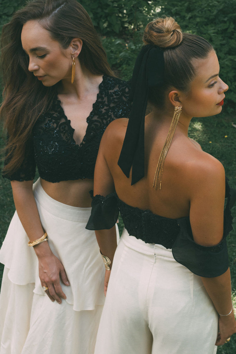 Butterfly Sleeve Black Beaded Crop Top