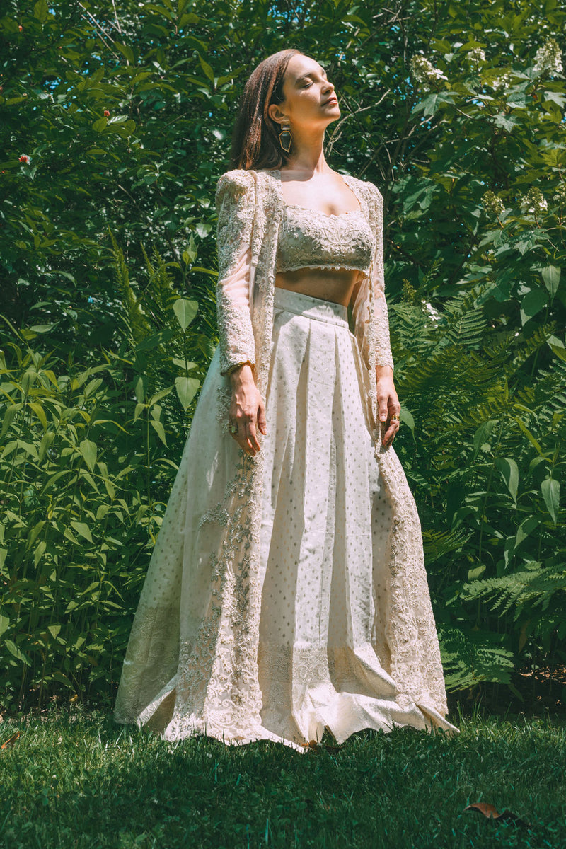 Ivory Brocade Pleated Skirt