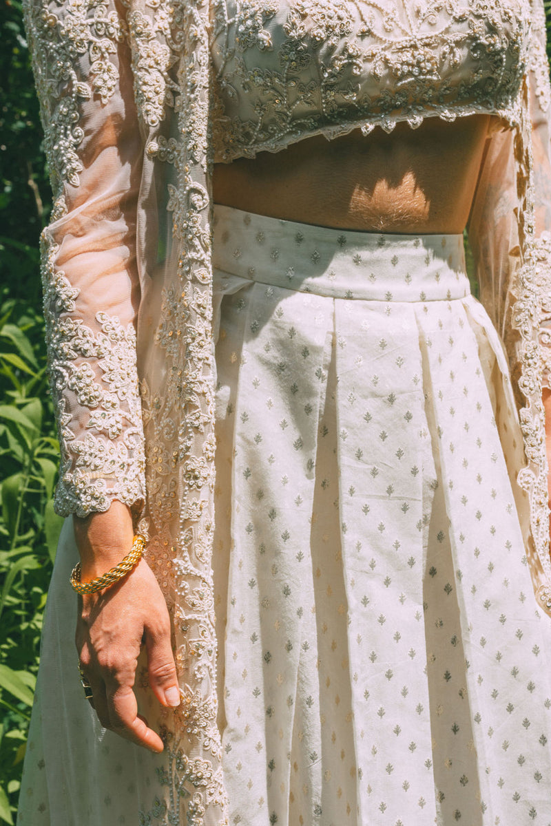 Ivory Brocade Pleated Skirt