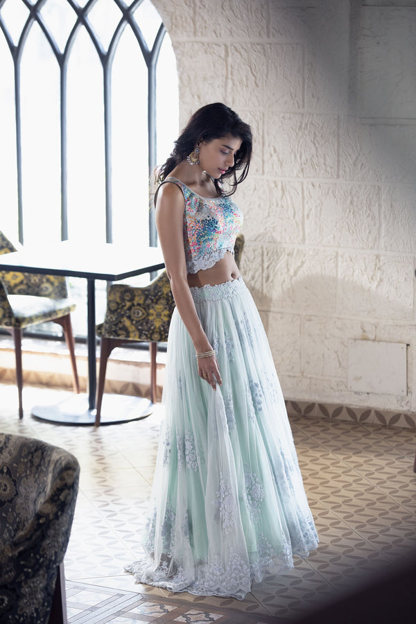 Colorful dotted blouse, sky blue high/low lehenga