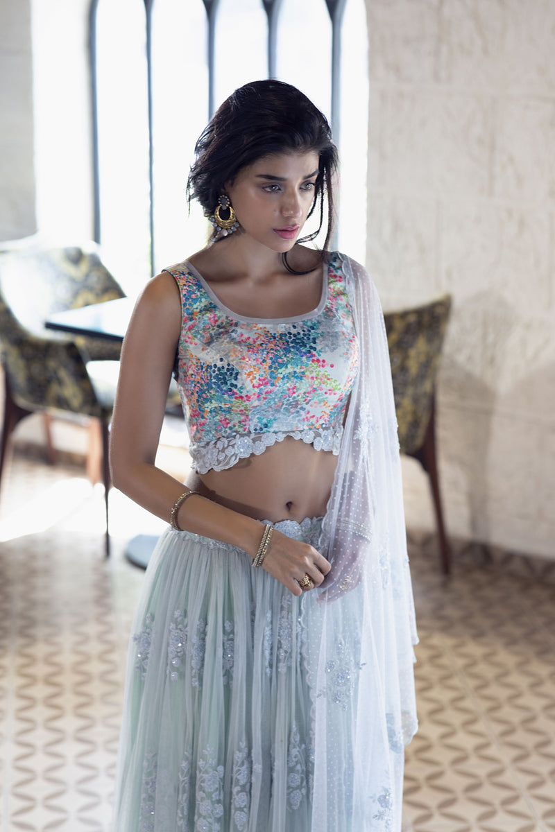 Colorful dotted blouse, sky blue high/low lehenga