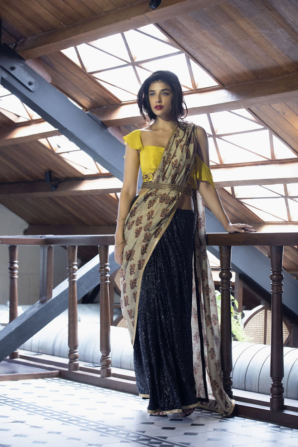 Black sequins & printed sari with mustard blouse