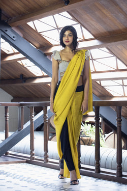 Checkered blouse, black & mustard dhoti sari