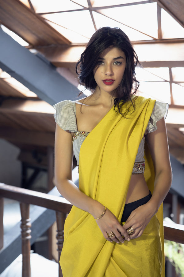 Checkered blouse, black & mustard dhoti sari