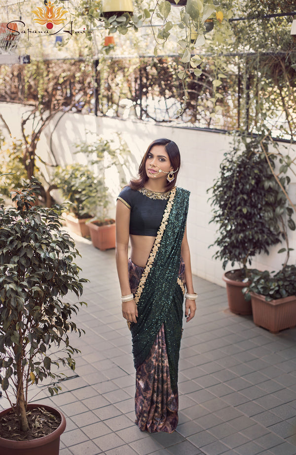 Green sequins & abstract print sari