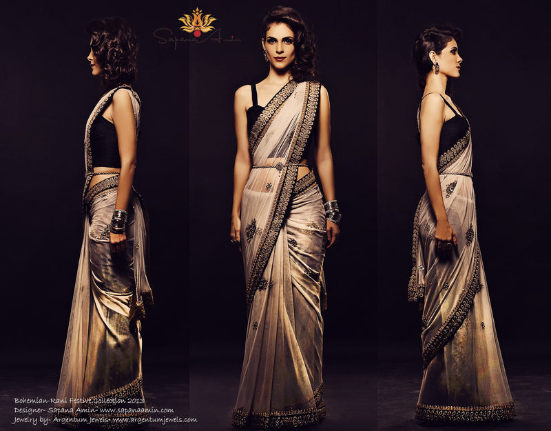 Black blouse, grey net sari