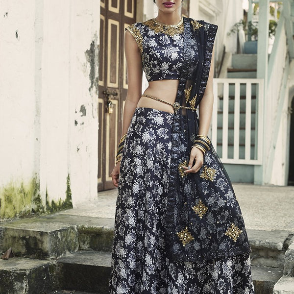Black Beads and Sequins work Drape Style Crop Top Lehenga – Seasons Chennai