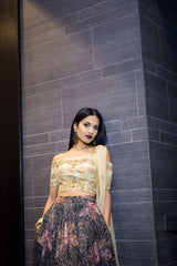 Gold checkered blouse, butterfly printed lehenga