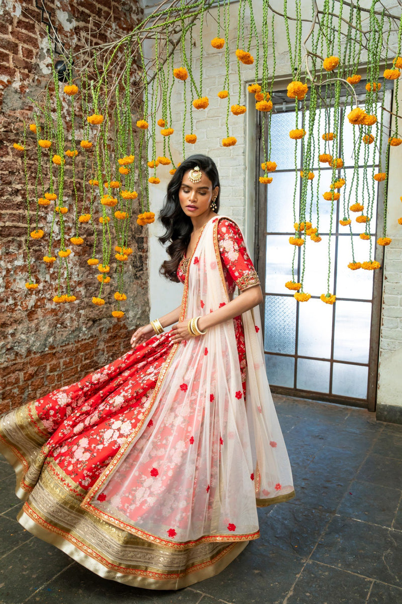 Red silk floral blouse & lehenga – Sapana Amin