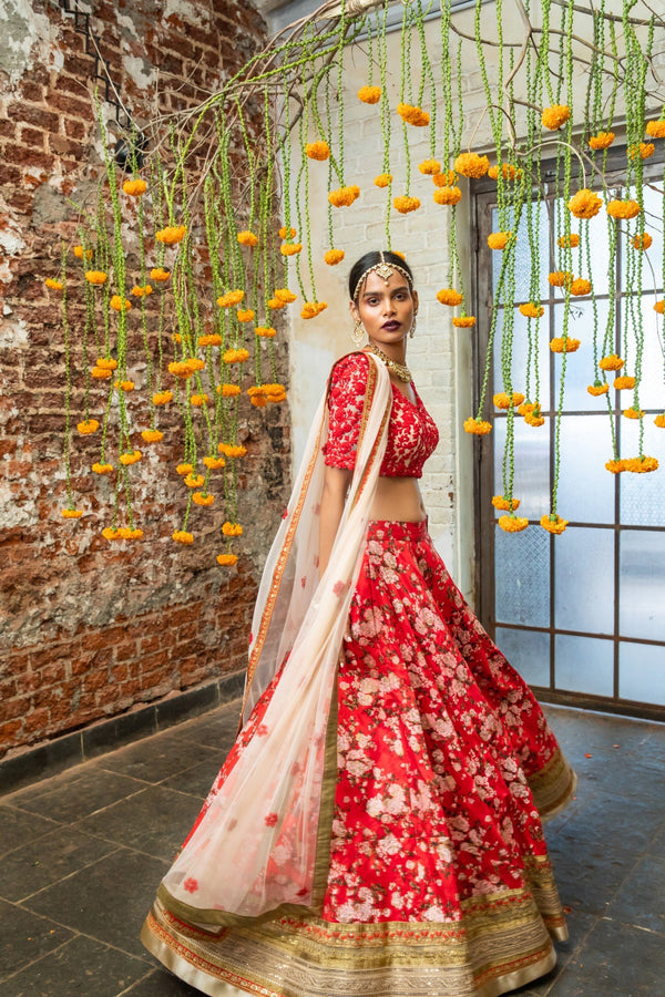 RI Ritu Kumar Yellow & Red Embroidered Blouse With Skirt & Sash – Saris and  Things