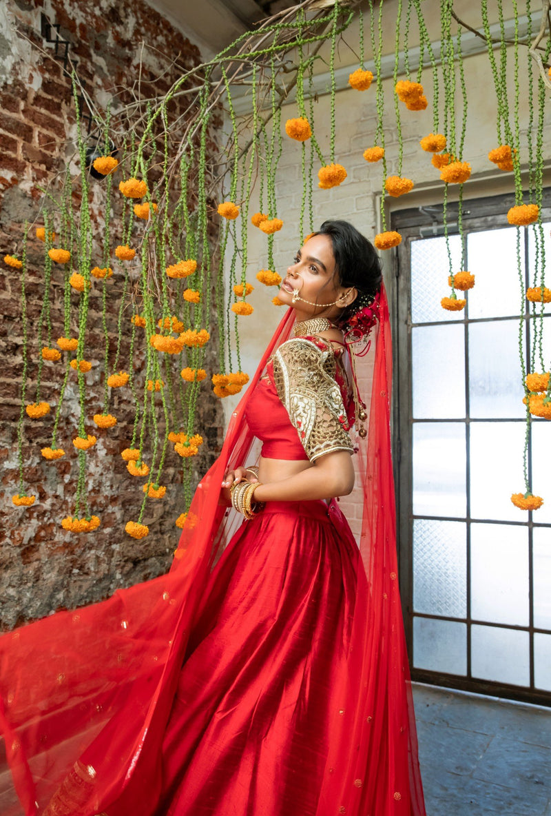 Red silk blouse with cutwork, red silk lehenga