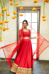 Red silk blouse with cutwork, red silk lehenga