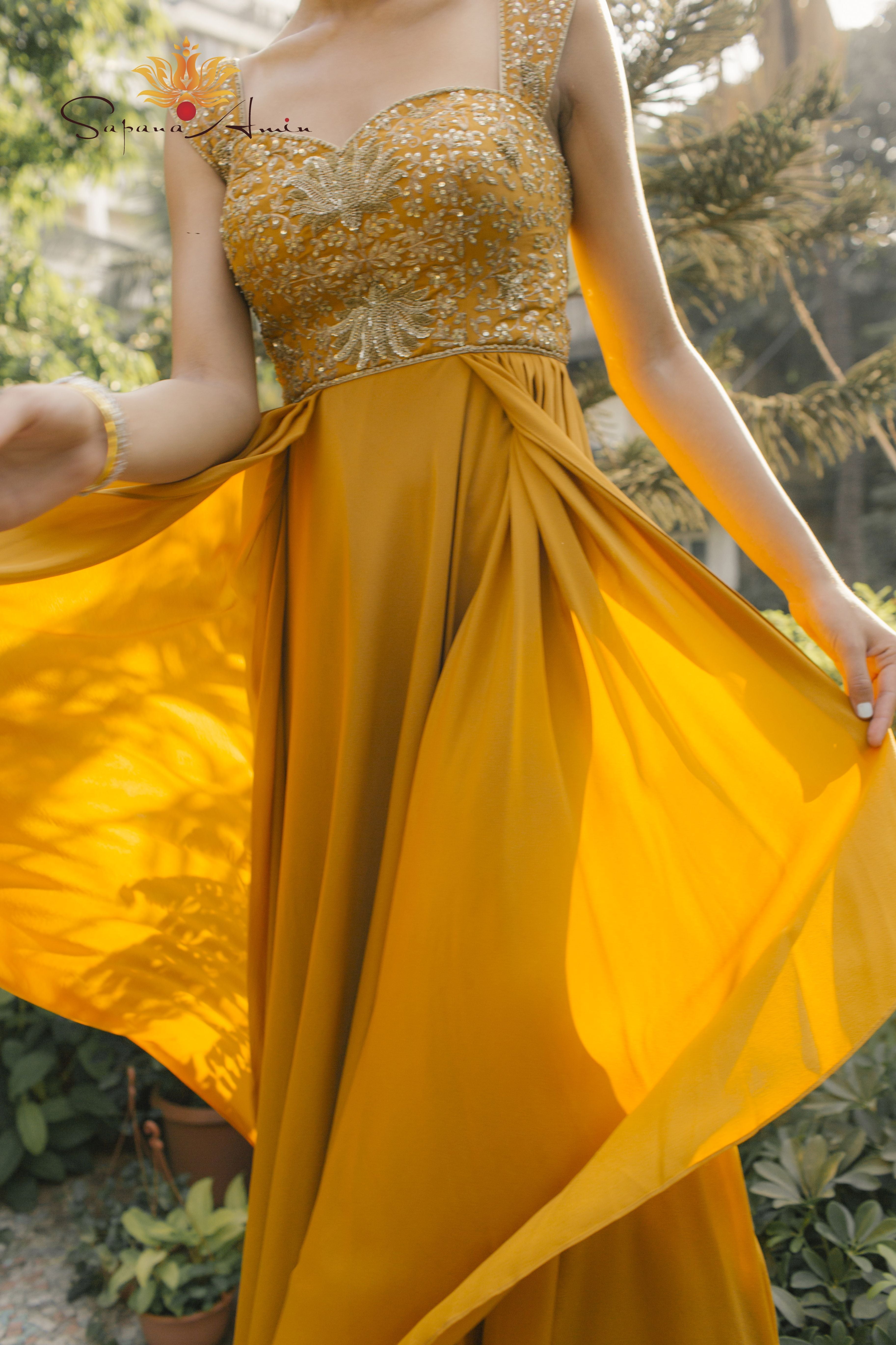 Anarkali Suits : Yellow heavy japan silk anarkali gown with ...